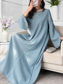 SHEIN Najma Embroidered Floral Trim Patchwork Long Sleeve Maxi Dress, Turkish & Arabic Traditional Style - Blue - View 5