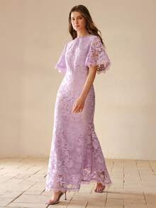 MOTF PREMIUM WOMEN'S PURPLE DELICATE RHINESTONE DETAIL LACE RUFFLE SLEEVE MERMAID HEM DRESS - Purple - View 5