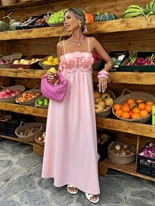 Selianne Pink Spaghetti Strap Ruffle Trim A-Line Dress - Baby Pink - View 5