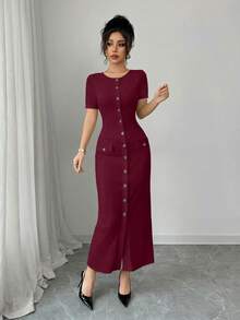 Elenzga Đầm cardigan tay ngắn ôm sát người, kiểu dáng dự tiệc mùa xuân/hè dành cho nữ, phong cách thành thị, sang trọng, thời trang Pháp, ngọt ngào, gợi cảm, thích hợp mặc hàng ngày. Đầm maxi dệt kim cổ tròn cài nút phối màu đen trắng tương phản, thích hợp cho kỳ nghỉ. - Màu Đỏ Sâu - Xem 5