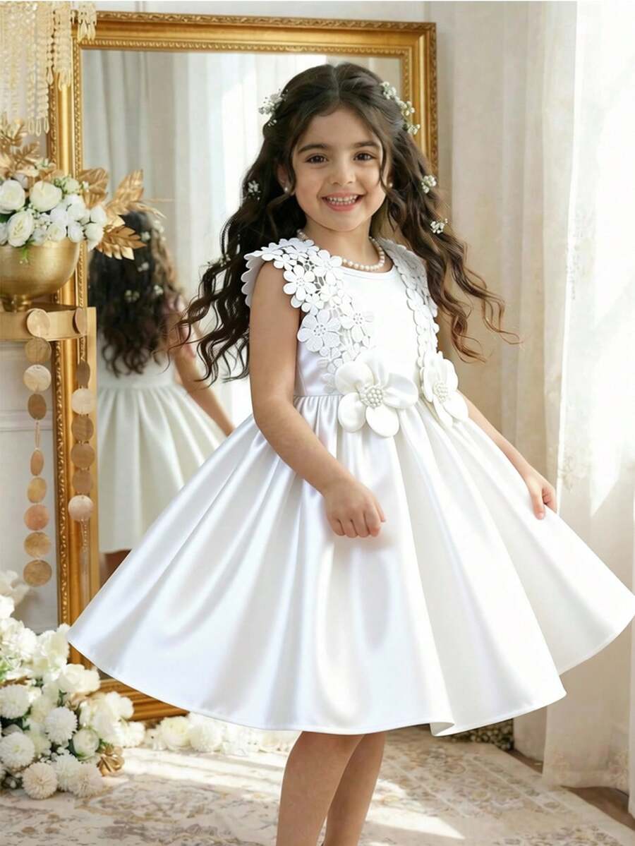 少女公主花童风格白色贴花优雅无袖连衣裙 - 白色 - 查看 1