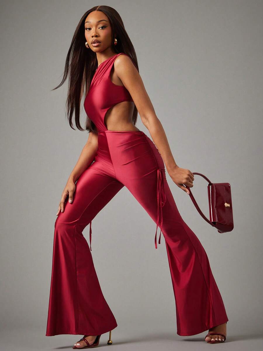 NYA SZN Jumpsuit Asymmetrical One Shoulder Sleeve Slim Flare Leg Cut Out Ruche Red Festive Holiday Christmas NYE New Years Easter Special Occasion Event Party Outfits For Women - Red - View 1