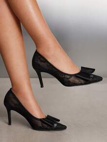 CUCCOO SZL Lace Sexy Bow High Heel Pumps For Women - Black - View 2