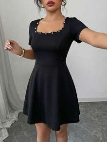 Elenzga 黑色波浪领短袖收腰连衣裙，春夏女装 - 黑色 - 查看 4