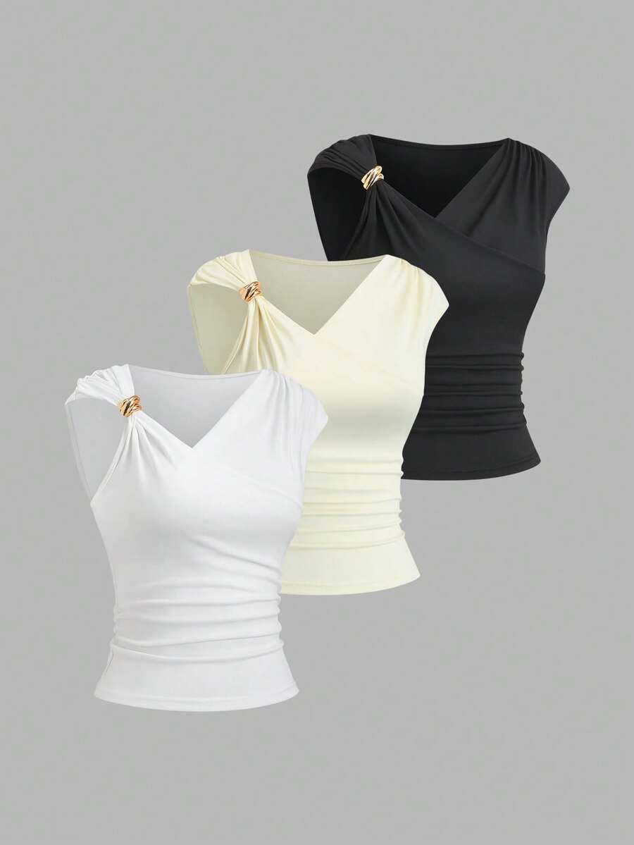 Sweetra 女士纯色三件套，欧美时尚，金属装饰扭结不对称领，修身剪裁，休闲日常，约会通勤皆宜，百搭T恤，春夏款 - 彩色 - 查看 1