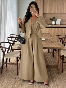 Weeklong Bộ đồ 2 món cỡ lớn, màu trơn, xếp ly gồm áo liền quần và áo khoác dài tay, kiểu dáng thanh lịch. - màu nâu - Xem 5