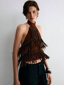 ATUI Studio Women's Shiny Faux Suede Fringe Backless Top Hanging Neck Collar, Computer Diamond Studded Tassel Top, Fashionable And Modern, Daily Outfit - Brown - View 4