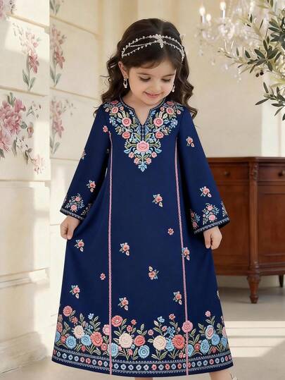 SHEIN Vestido de manga larga con cuello con muesca y estampado floral para niña, primavera/otoño