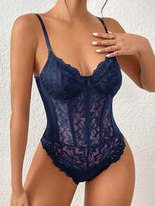 Glamine Solid Color Sheer Lace Patchwork Camisole With Fishbone Spaghetti Straps - Navy Blue - View 4