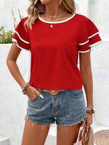 EMERY ROSE Blusa de manga corta con cuello redondo y color contrastante bordada para mujeres - Rojo - Ver 4