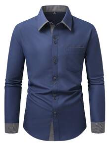 Manfinity Mode 大码男士时尚百搭通勤印花拼接衬衫 - 藏蓝色 - 查看 3