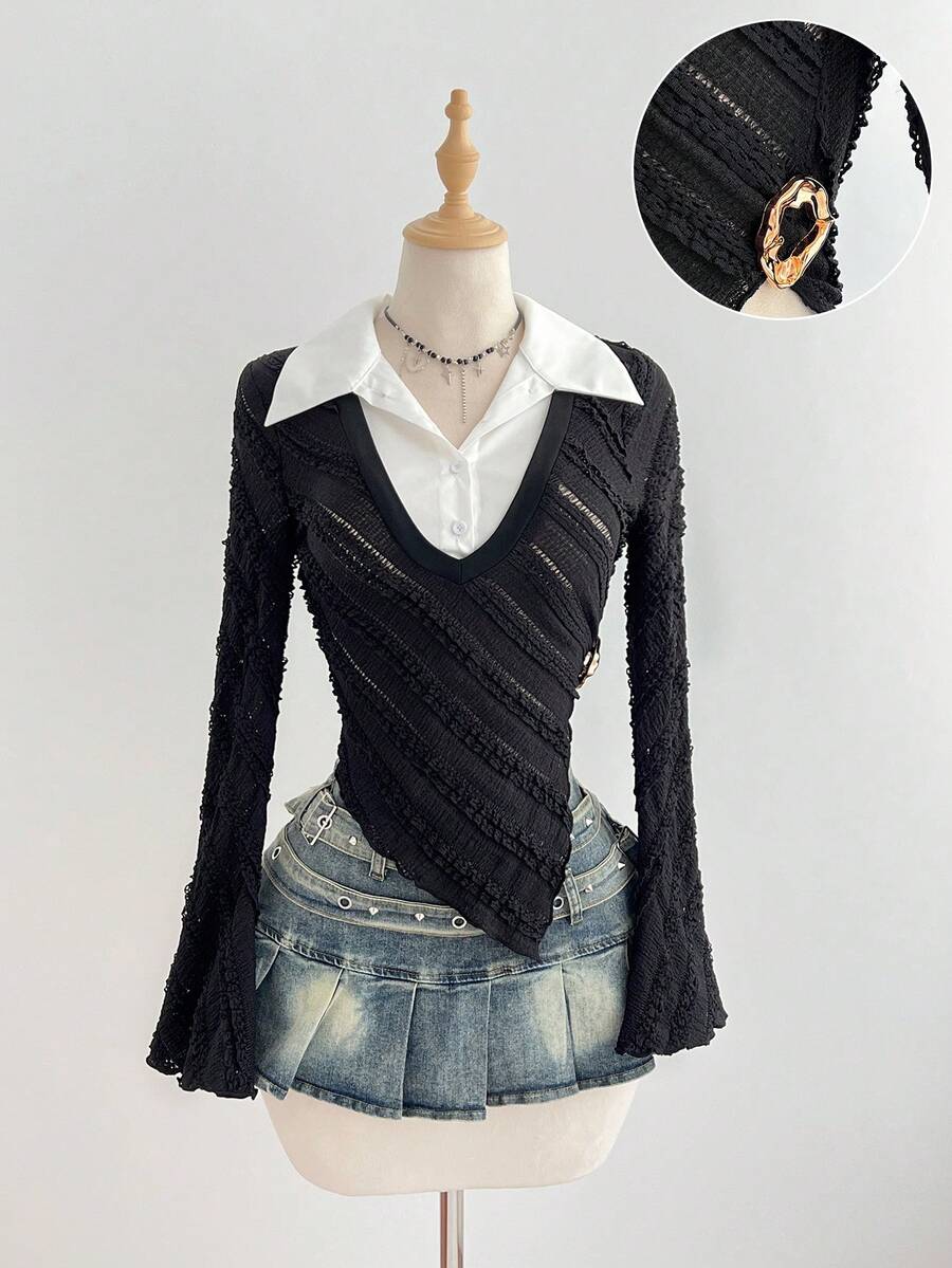 SHEIN Unity Damen Mode strukturiertes gestreiftes Farbblock Hemd - Schwarz und Weiss - Übersicht 1