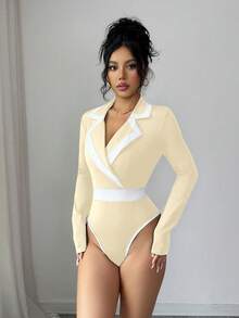 SHEIN Elenzya Standard Size Women's Black & White Patchwork Elegant Bodysuit - Apricot - View 5