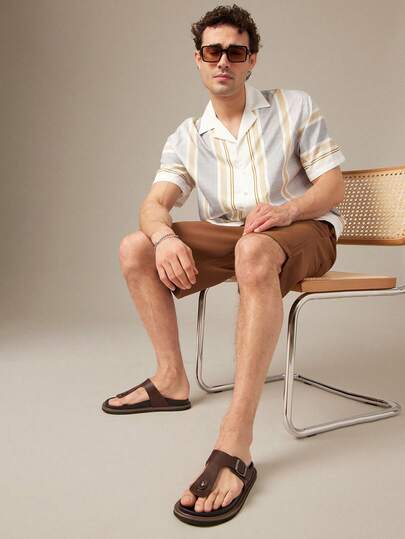 SHUZIA #ComfortCraft Men's Buckled T-Strap Toe-Post Soft-Footbed Premium Faux Leather Coffee Thong Sandals – Supportive, Minimal & Versatile Valentine's Day