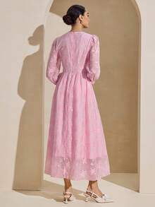 Graceveil 女士圆领长袖收腰优雅镂空长裙 - 淺粉色 - 查看 2