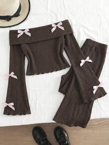 SHEIN Girls' Elegant Color Block Bow Decor Textured Fabric Pink Bow Accent Off-Shoulder Flare Sleeve Long Sleeve T-Shirt And Brown Flare Pants 2-Piece Set - Brown - View 9