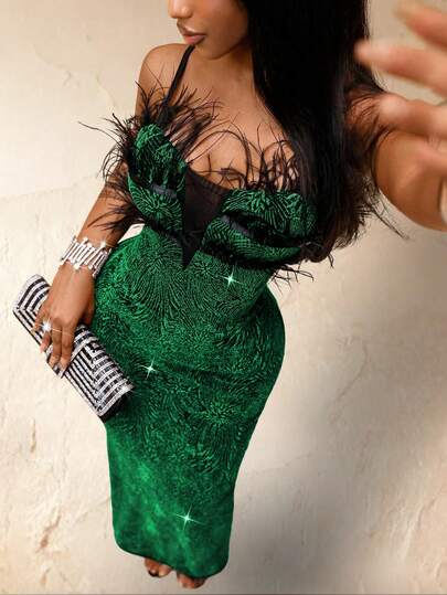 Lureya Women's Deep V-Neck Mesh Front Faux Fur Collar Spaghetti Strap Bodycon Sexy Glamorous Fashion Party Cocktail Sequin Knit Casual Midi Dress, Suitable For Autumn/Winter And All Seasons