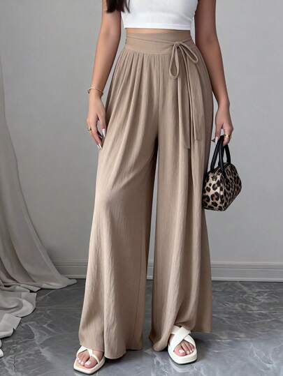 Pantalones de cintura alta, con cordones y cordones. Pantalones flexibles y holgados y ajustados hasta el suelo