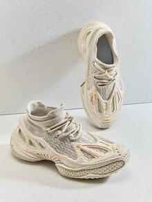 SHUZIA #UrbanFuturism Men's Knit Mesh Hybrid Bone Cage Sneakers – Designer-Inspired Silhouette & 3D-Printed Feeling Futuristic Sole For Bold Everyday Style - Beige - View 1