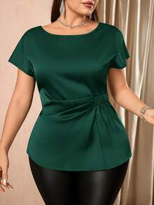 SHEIN Clasi Plus Size Solid Color Round Neck Pleated Elegant Short Sleeve Blouse - Dark Green - View 4
