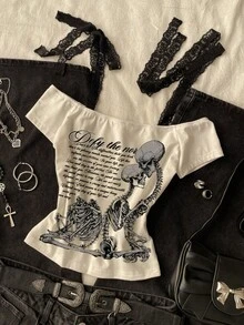 Attitoon 女士休闲复古蕾丝系带修身T恤，骷髅印花，适合Y2K、复古、Grunge、Y2K、夏季风格 - 白色 - 查看 5