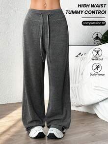 Easithlete Women Casual Drawstring Waist Loose Wide Leg Sports Pants - Dark Grey - View 2