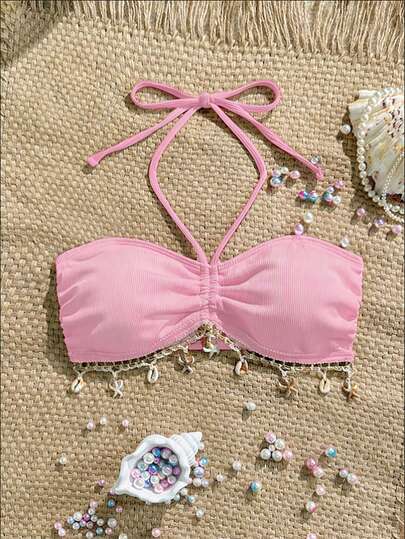 Swim Vcay 1pc Women's Halter Neck Swimsuit Top, Sexy Chest Design, Ribbed Fabric With Ocean Elements Tassel Decor, Casual & Comfortable For Holiday & Beach