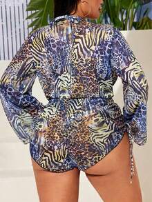 Slaydiva Ensemble de maillot de bain 3 pièces pour femmes grandes tailles : Top de bikini à col ras-du-cou imprimé léopard avec bonnets triangulaires et bretelles nouées, assorti à un bas triangle et une cache-maillot en maille à manches longues avec cordon de serrage - Multicolore - Voir 2