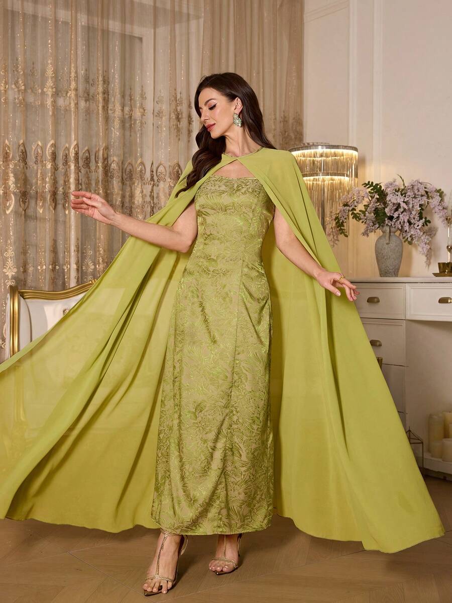 Elenzga Elegant Women Jacquard Slip Dress With Shawl Robe Set, Suitable For Commuting And Parties - Green - View 1