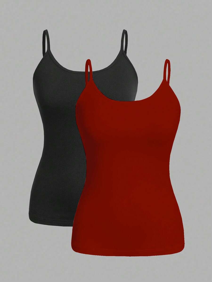 SHEIN EZwear 2 chiếc áo hai dây bó sát màu đen và đỏ dành cho nữ thích hợp cho mùa hè - Nhiều màu - Xem 1