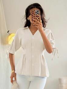 SHEIN Clasi 女士夏季法式短袖修身泡泡袖衬衫 - 杏色 - 查看 5