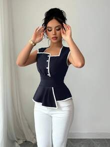 Rafferiza Women's Sleeveless Square Neck Design Waist Cinched Flared Hem Elegant Casual Commute Outdoor Work Versatile Black & Apricot Color Block Blouse, Spring/Summer Peplum Top Women Women Tops Elegant Classy Top Peplum Blouse Contrasting Shirt Square Collar Top Square Collar Peplum Top - Dark Wash - View 5