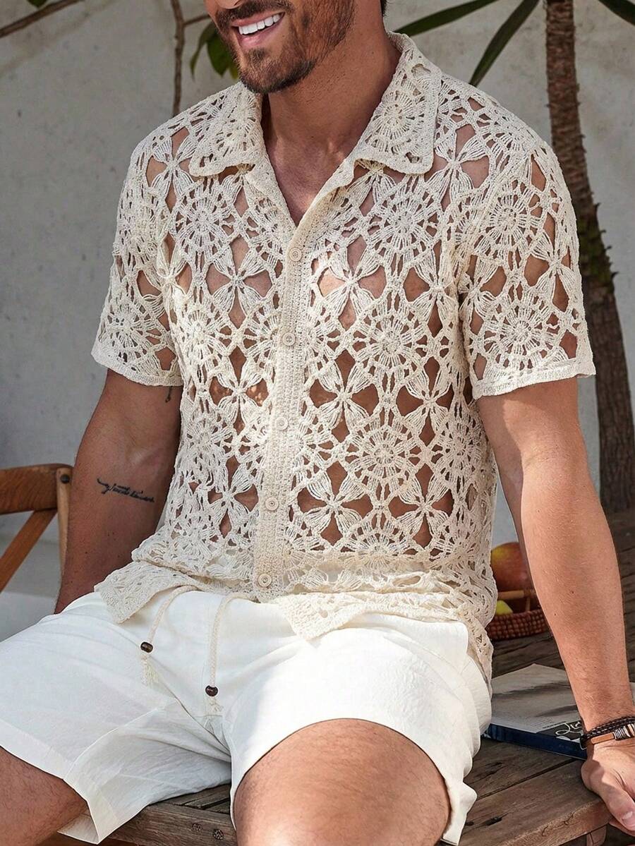 Manfinity Homme Hand-Crocheted Front Button Casual Short Sleeve POLO Cardigan Top - Apricot - View 1