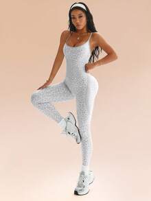 Seamluxe SHEIN Sport Leopard Print Gray & White Backless Camisole Skinny Seamless Sports Jumpsuit - Light Grey - View 2