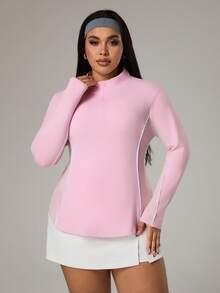 Rhythm Era Plus Size Contrast Trim Half Zip Fitted Long Sleeve Sweatshirt - Pink - View 5