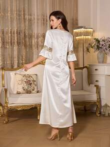 Selianne Women's Elegant V-Neck Waist Cinched Flare Sleeve A-Line Floral Embellished Dress, Suitable For Dates, Parties, Banquets, Spring/Summer - Apricot - View 2