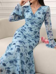 Modelyn 女士V领扭结长款修身喇叭袖连衣裙，春夏款 - 藍色 - 查看 8