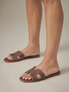 SHUZIA 畅销女式奢华风镂空露趾经典鳄鱼皮橄榄色拖鞋春季鞋 - 橄欖綠 - 查看 4