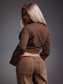Denimoi Chaqueta y abrigo de mezclilla ajustado con cremallera de unicolor para mujer - Marrón - Ver 4