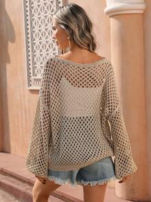 Selianne 休闲度假风派对灯笼袖亮面香槟金镂空套头毛衣（不对称肩部），春夏款 - 香檳色 - 查看 2