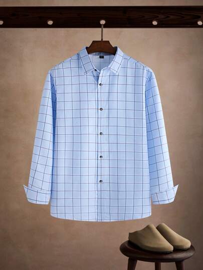 Core Aspect 男士休闲商务蓝色格子衬衫，秋季款，长袖上衣