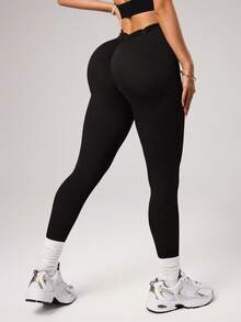 Dewbera 1件装女士无缝纯色郁金香腰深V性感跑步健身瑜伽紧身裤 - 黑色 - 查看 2