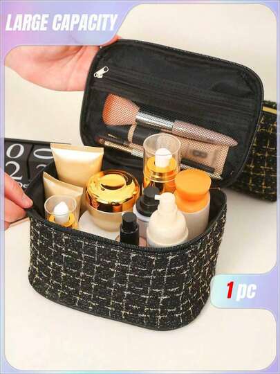 Plaid Large Capacity Makeup Bag,1Pc Black Gold Silk Fragrance Cosmetic Bag Large Capacity Storage Bag Casual Bag, Makeup Pouch Skincare Bag Toiletry Bag Packing Cubes,Travel Essentials Cruise Essentials Dorm Essentials Christmas For Holiday Gift Giving,Boho Vibes