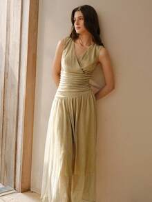 MOTF PREMIUM VESTIDO DE VERANO FRANCÉS ROMÁNTICO DE CUELLO EN V DE unicolor, ELEGANTE, CON CINTURA FRUNCIDA, AJUSTADO Y ESTILIZADO PARA MUJERES - Dorado - Ver 6