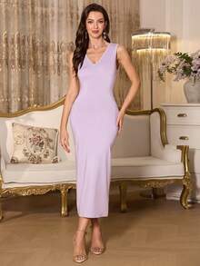 SHEIN Elenzya 2件套女士纯色优雅砖纹图案套装 - 淡紫色 - 查看 4