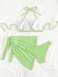 Swim Mod Solid Color Halter Tie Front Bikini Set With Tie Waist Skirt - Green - View 2