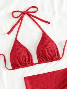 Swim Mod 女士夏季度假沙滩纯色挂脖比基尼套装，带罩裙 - 紅色 - 查看 4