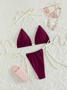 Swim Mod 2pcs/Set New Sexy Backless Halter Tie Solid Color Women Swimwear Set, Summer - Purple - View 1