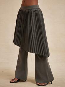 Nara高腰百褶裙不对称下摆直筒裤型叠穿灰色秋冬春季商务休闲街头风Grunge Y2K街头风酷女孩宣言长裙辣妹风西式时尚嘉年华女装 - 黑色 - 查看 6