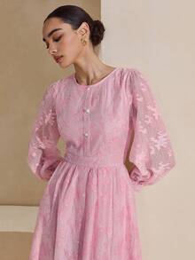Graceveil 女士圆领长袖收腰优雅镂空长裙 - 淺粉色 - 查看 5